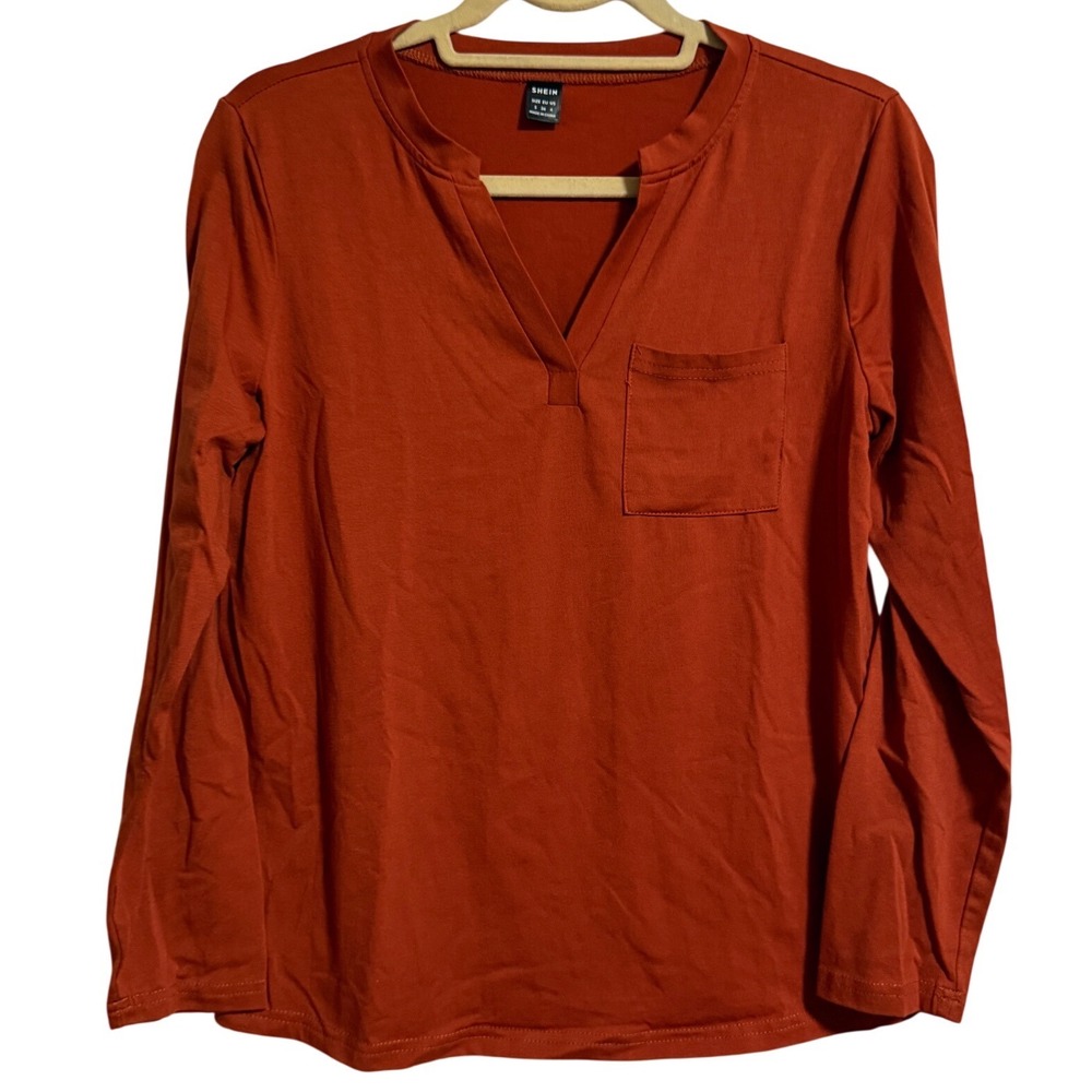 SHEIN Women Burnt Orange Notched V-Neck Long Sleeve Pocket Top Size S 4
